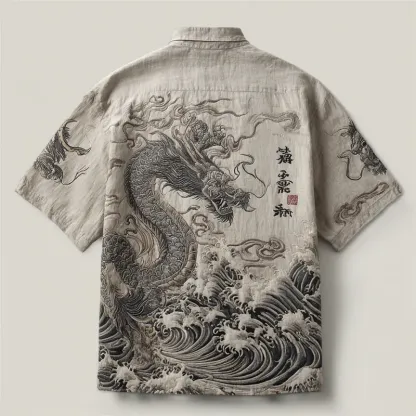 Japanese Dragon Sea Waves Ink Art Embroidered Linen Shirt - Grey