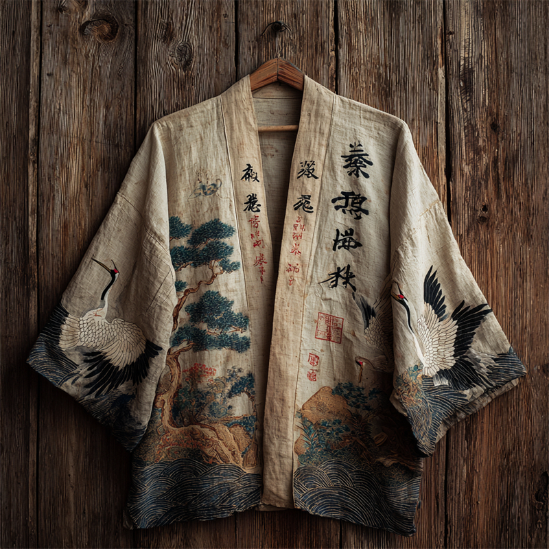 Japanese Cranes & Pine Trees Sea Waves Linen Kimono - Beige