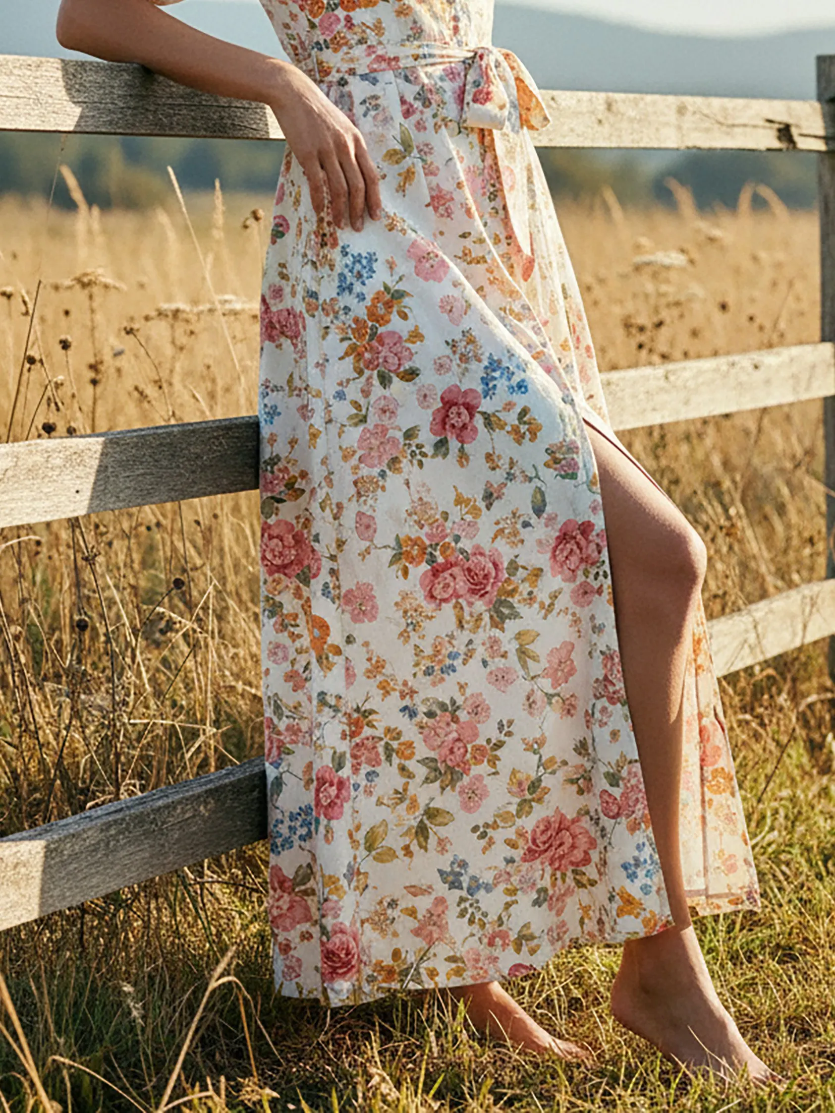 Maxi Linen Dress, Half Sleeve, V Neck, Floral, Button-decorated, Vacation, Vintage, White - White