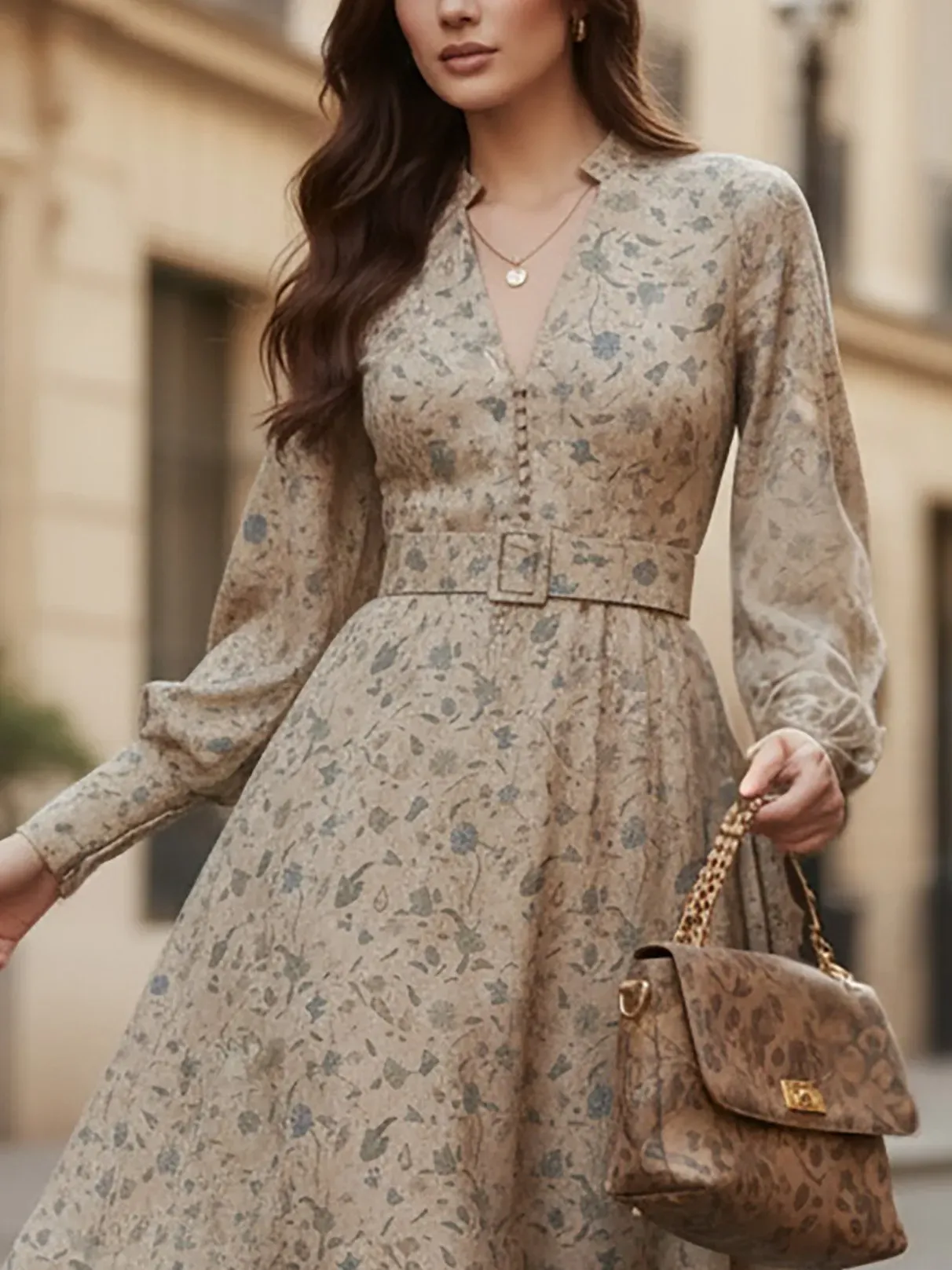 Midi Linen Dress, Long Sleeves, V Neck, Floral, Belt Design, Vintage, Khaki - Khaki