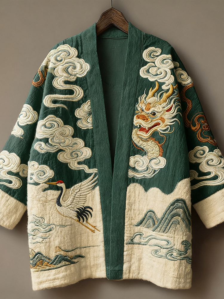 Retro Japanese Dragon With Auspicious Clouds Art Print Cotton And Linen Blend Kimono Cardigan - Green