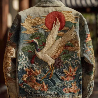 Men's Vintage Japanese Crane And Wave Embroidered Denim Jacket - Blue