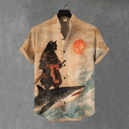 Men's Black Cat Samurai Surf Shark Art Print Shirt - Khaki