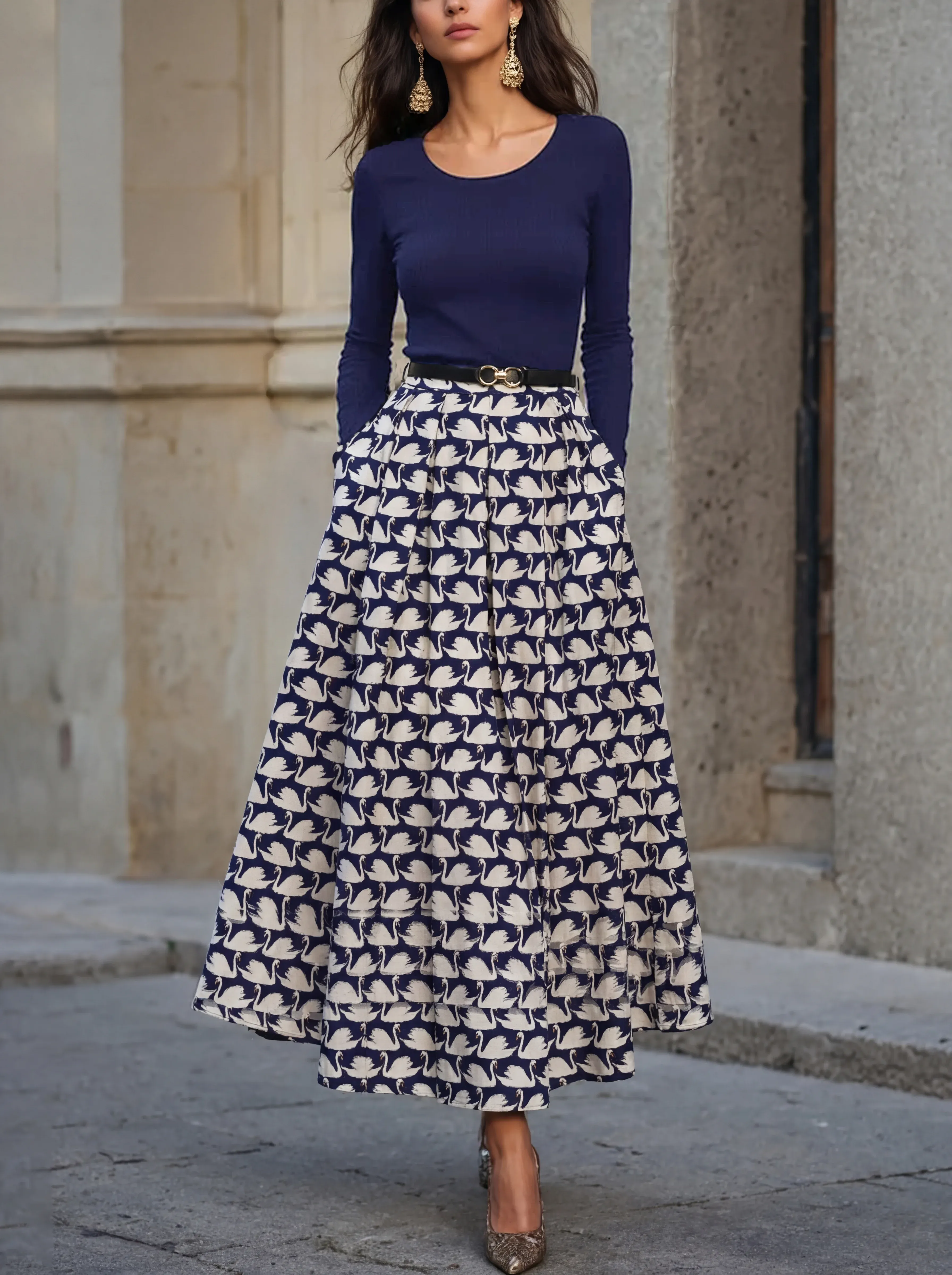 Maxi Cotton Skirt, Animal, Swan Print, Pocket Design, Vintage, Purplish Blue - Purplish Blue