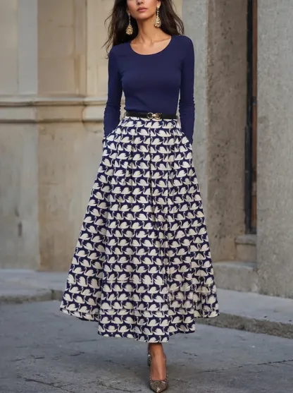 Maxi Cotton Skirt, Animal, Swan Print, Pocket Design, Vintage, Purplish Blue - Purplish Blue