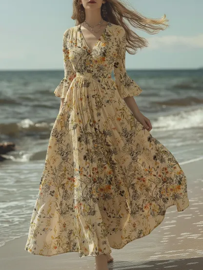 Linen Maxi Dress, Half Sleeve, V neck, Floral, Vintage, Summer - Light Khaki