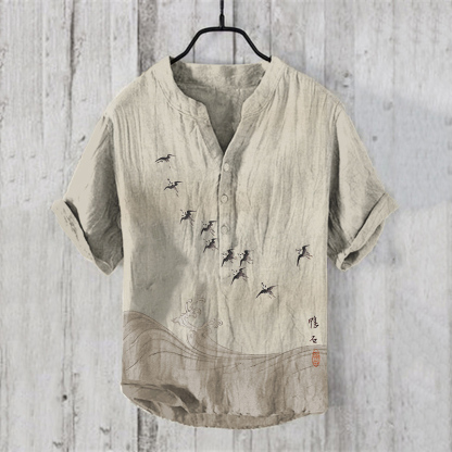 Men'sVintage Japanese Birds Waves Art Prints Linen Blend Shirt - Beige
