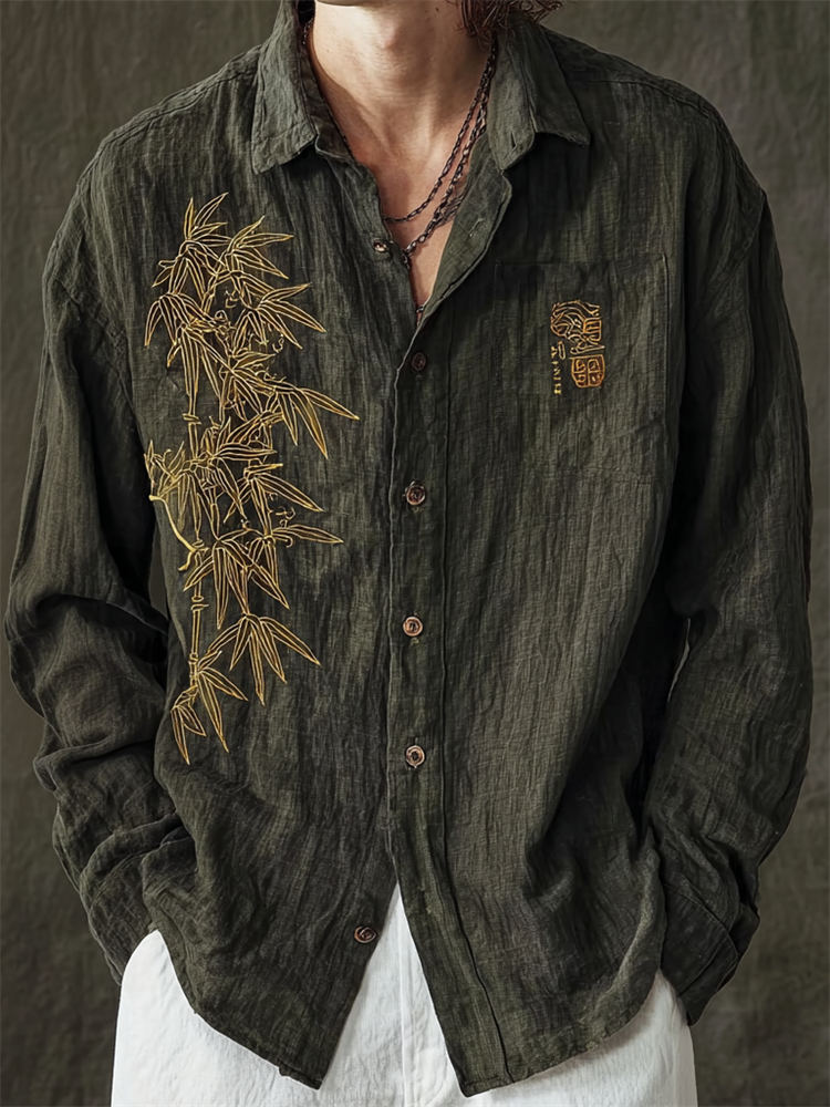 Men's Japanese Bamboo Golden Embroidered Linen Shirt - Black