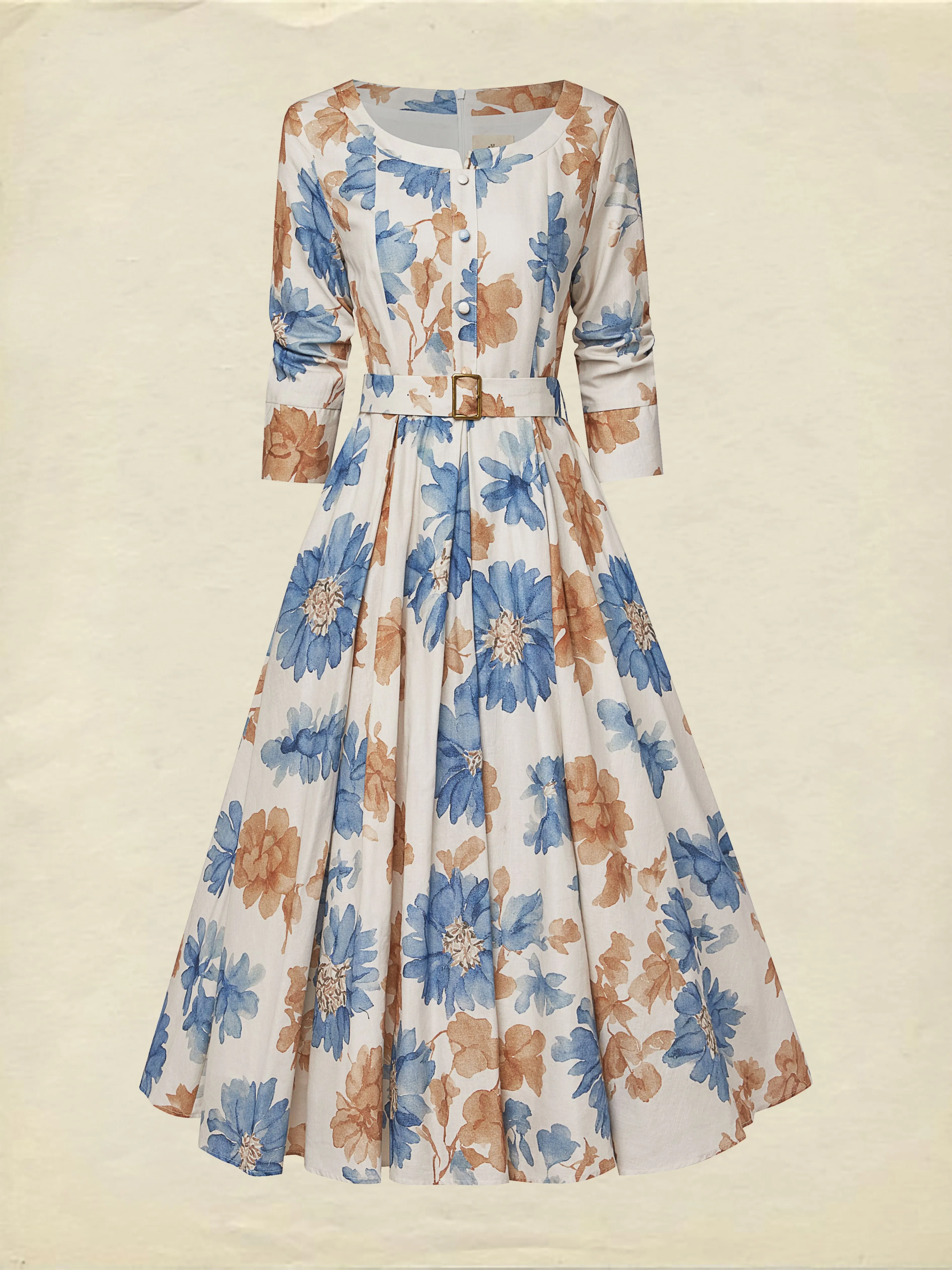Midi Cotton Dress, Half Sleeve, Round Neck, Floral, Belt Design, Vintage, Khaki - Khaki