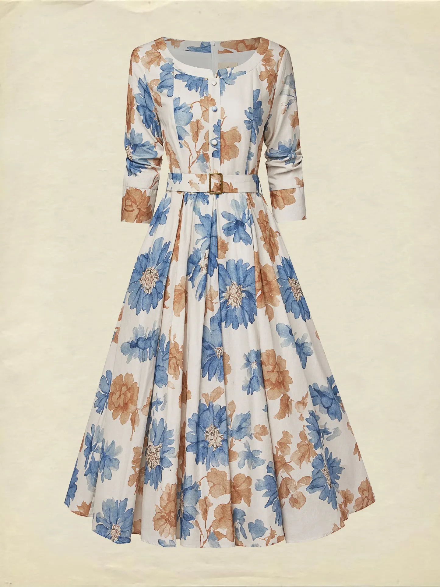 Midi Cotton Dress, Half Sleeve, Round Neck, Floral, Belt Design, Vintage, Khaki - Khaki