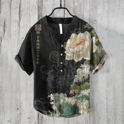 Men's Japanese Art Lotus Print Linen Blend Shirt - Black