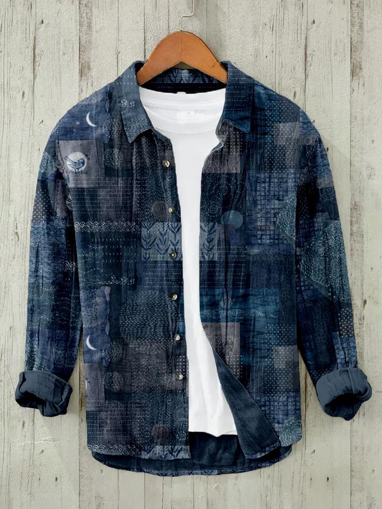 Japanese Traditional Sashiko Art Linen Blend Blouse - Navy
