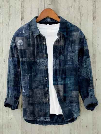 Japanese Traditional Sashiko Art Linen Blend Blouse - Navy