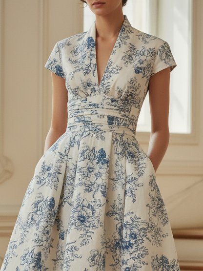 Midi Linen Dress, Short Sleeves, V Neck, Floral, Vintage, Blue - Blue