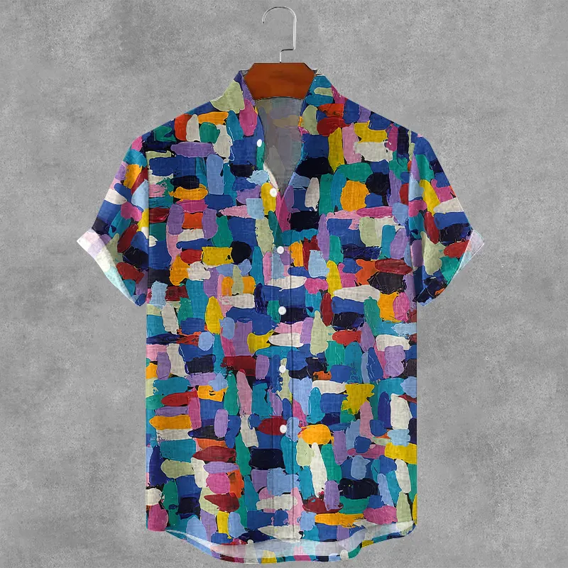 Retro Oil Painting Style Plaid Art Print Cotton And Linen Shirt - Multicolor