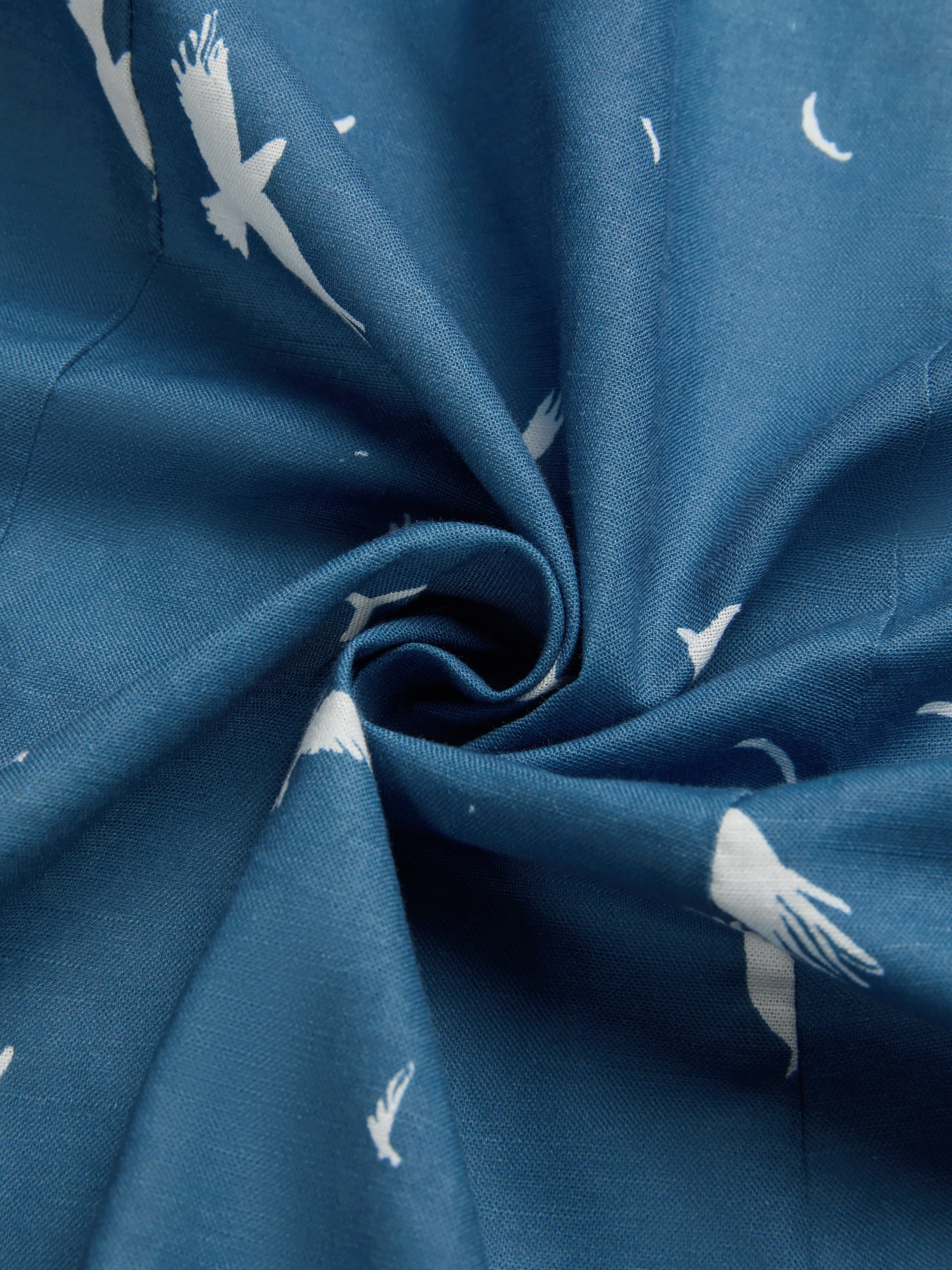 Maxi Linen Dress, Long Sleeves, Shawl Collar, Bird, Button Design, Vintage, Blue - Blue