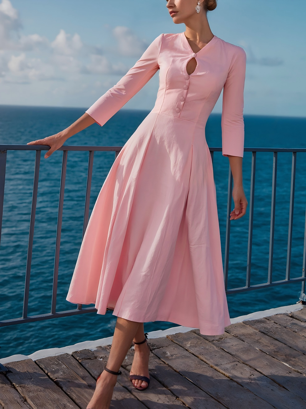 Midi Cotton Dress , Half Sleeve, V Neck, Plain, Button Design, French Vintage, Pink - Pink