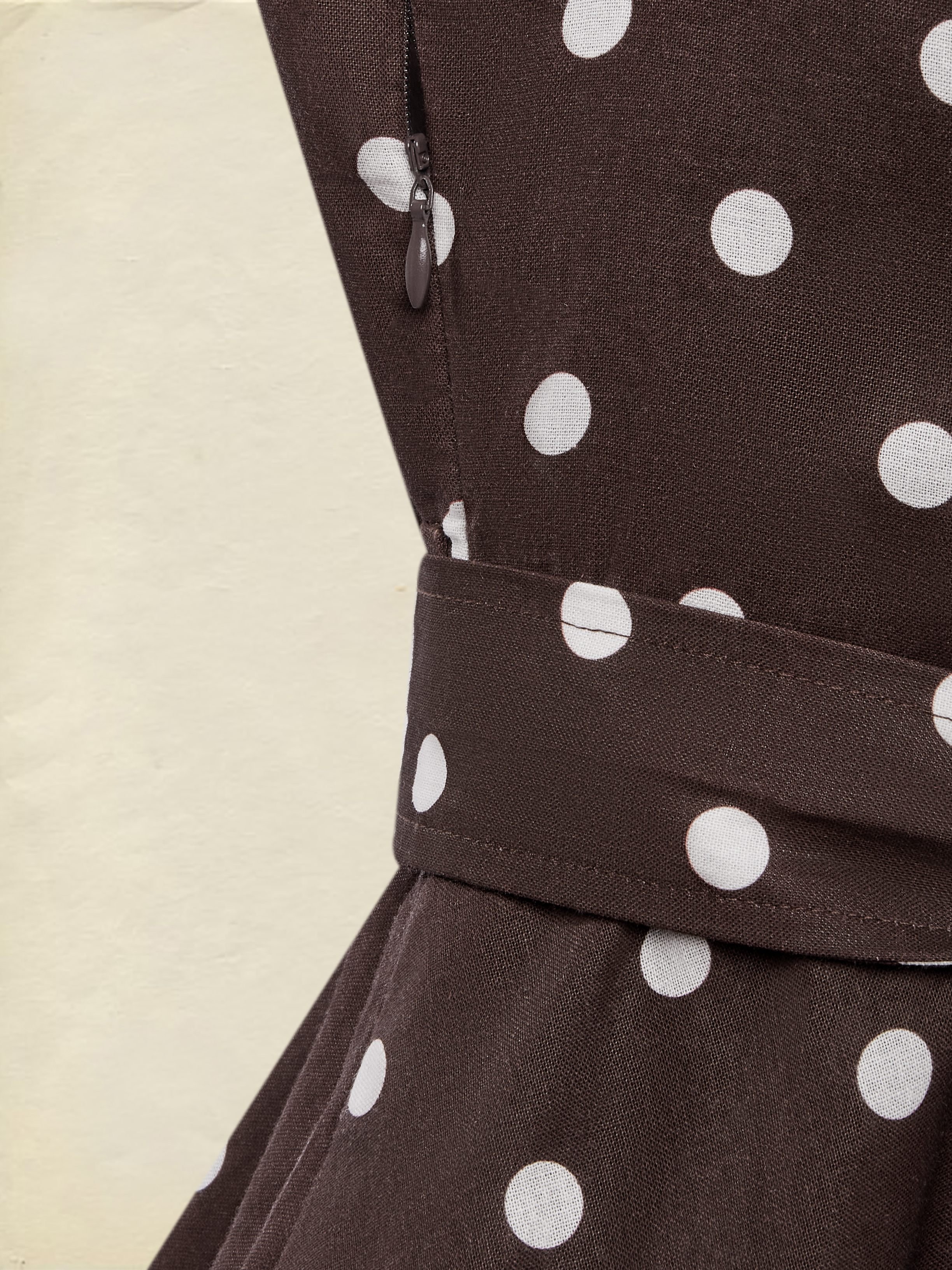 Midi Cotton Dress , Sleeveless, Shawl Collar, Polka Dots, Button Design, French Vintage, Coffee - Coffee