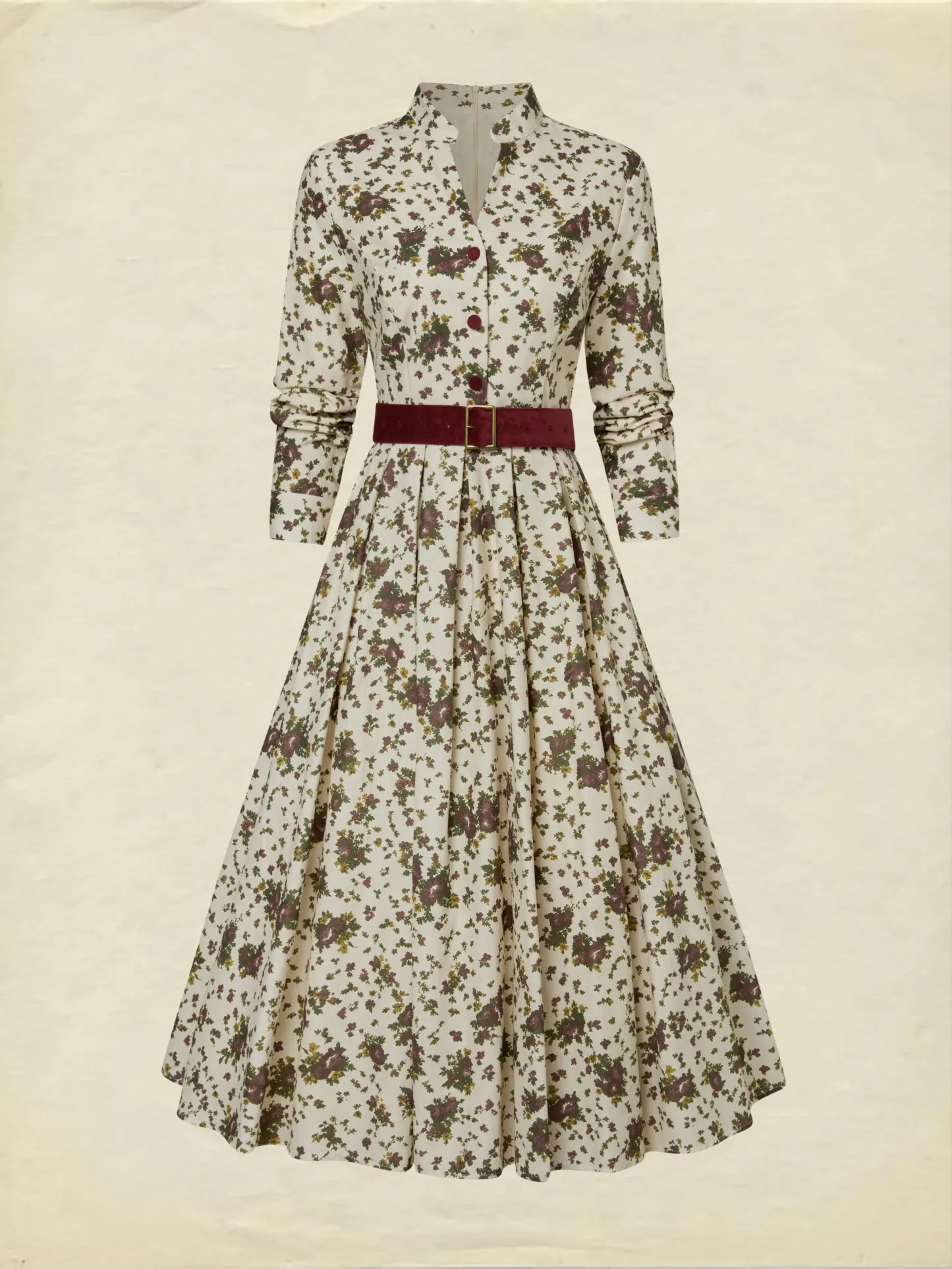 Midi Linen Dress, Long Sleeves, Shawl Collar, Floral, Belt Design, Vintage, Apricot - Apricot
