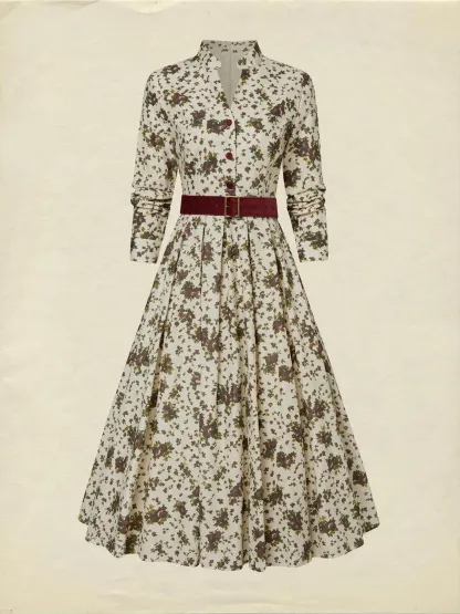 Midi Linen Dress, Long Sleeves, Shawl Collar, Floral, Belt Design, Vintage, Apricot - Apricot
