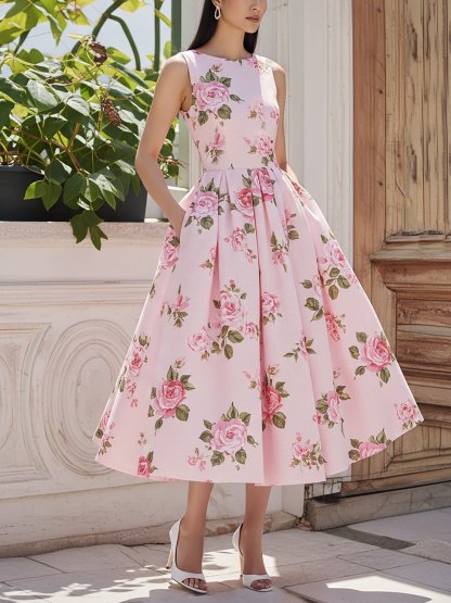 Midi Linen Dress, Sleeveless, Round Neck, Floral, Pocket Design, Vintage, Pink - Pink