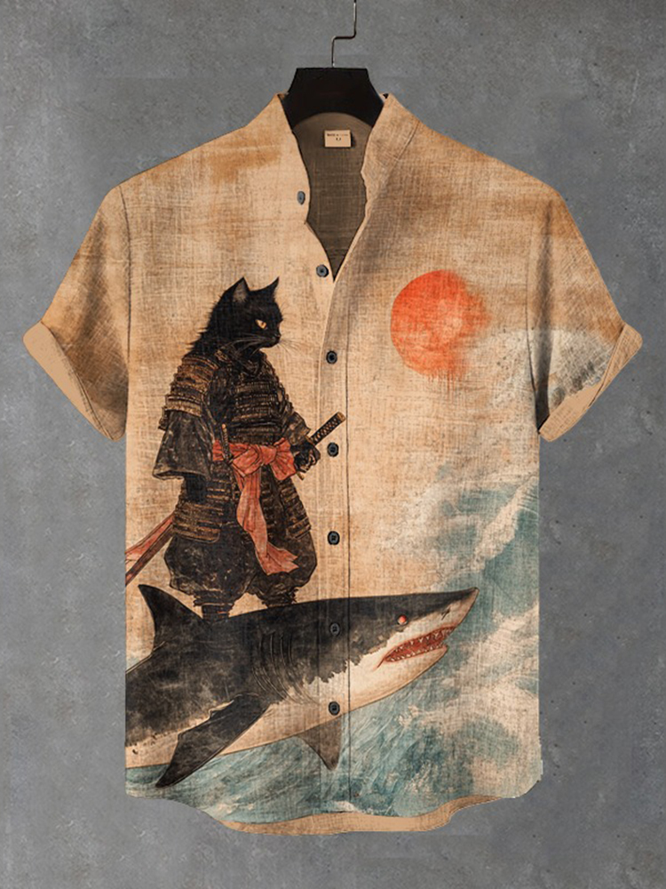 Men's Black Cat Samurai Surf Shark Art Print Shirt - Khaki