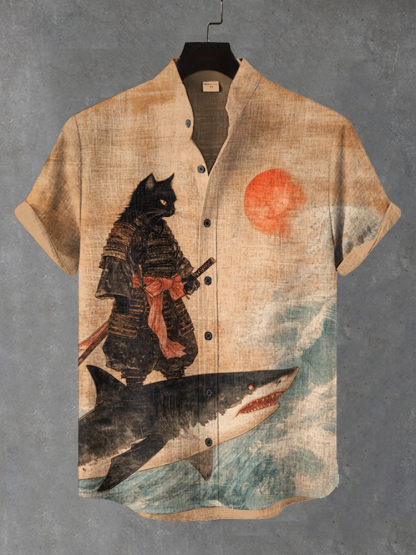 Men's Black Cat Samurai Surf Shark Art Print Shirt - Khaki