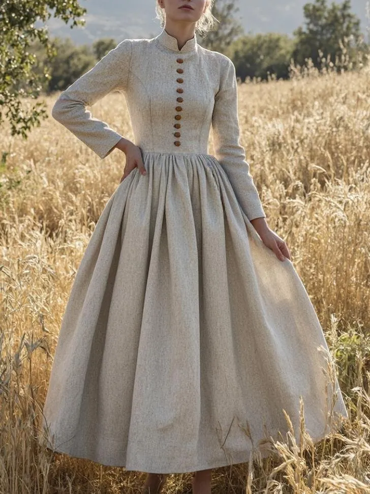 Maxi Linen Dress, Long Sleeve, Stand Collar, Linen Blend, Plain, Vintage, Apricot - Apricot