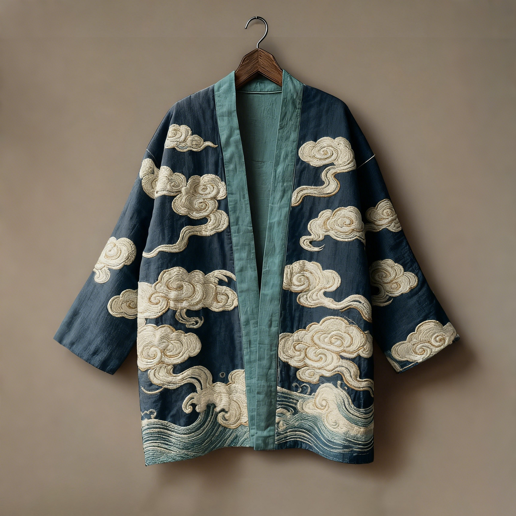 Retro Japanese Auspicious Clouds Art Linen Kimono Cardigan - Blue