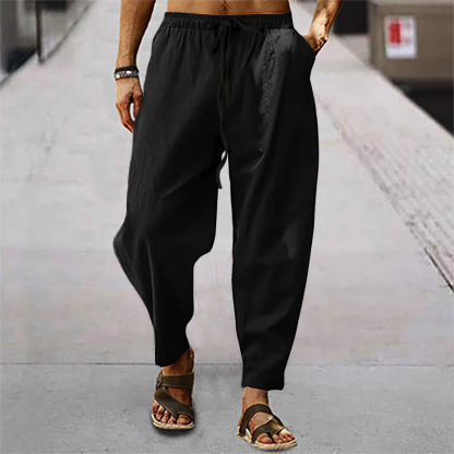 Men's Vintage Drawstring Casual Cotton Linen Pants - Black
