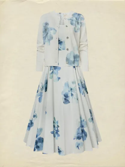 Maxi Cotton Dress, Sleeveless, Square Neck, Floral, Pocket Design, Vacation, Vintage, White - White