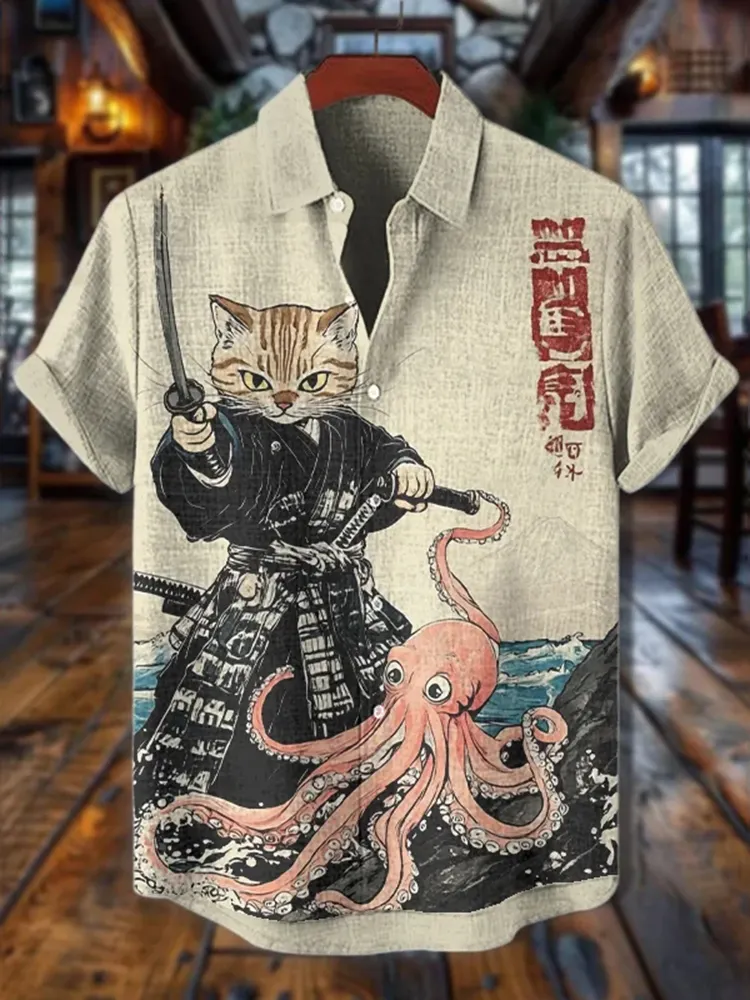 Men's Japanese Art Octopus Cat Warrior Print Short Sleeve Shirt - Khaki