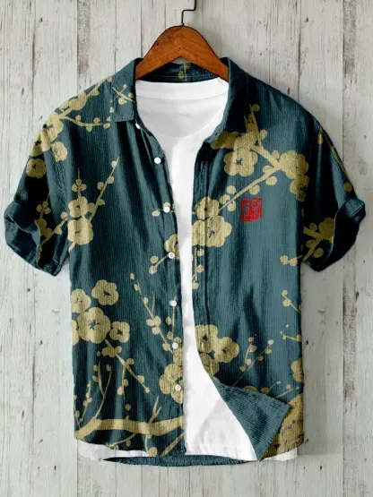 Japanese Plum Blossom Art Linen Blend Comfy Shirt - Dark green