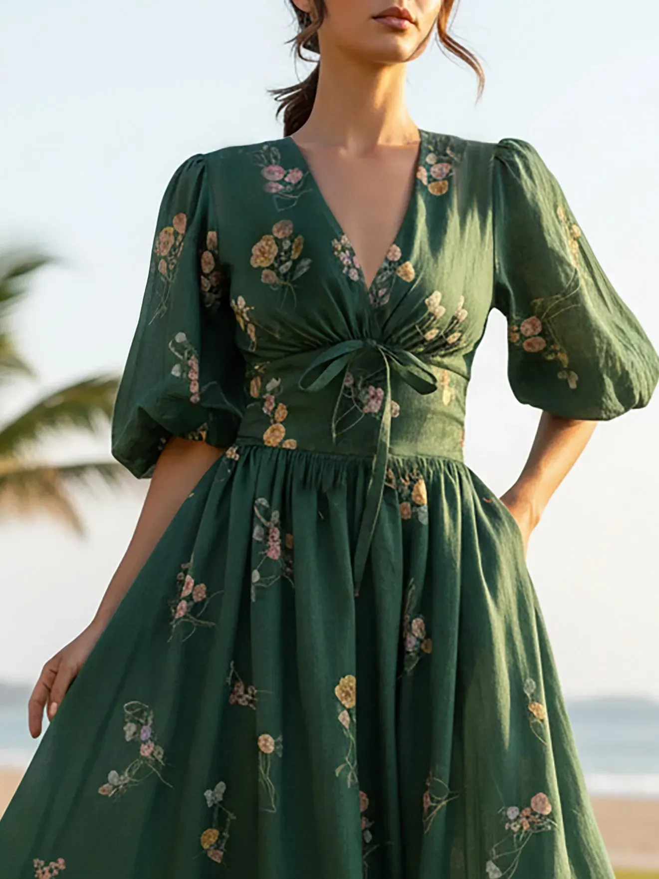 Maxi Linen Dress, Half Sleeve, V Neck, Floral, Bow, Vintage, Green - Green