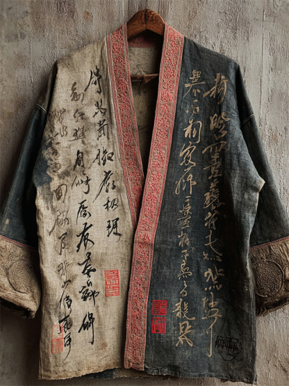 Japanese Calligraphy Art Contrast Linen Kimono - Gray beige