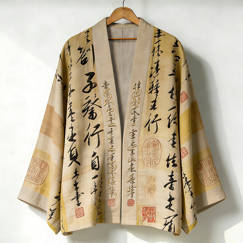 Men's Retro Calligraphy Art Print Linen Kimono - Khaki