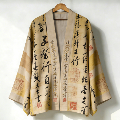 Men's Retro Calligraphy Art Print Linen Kimono - Khaki