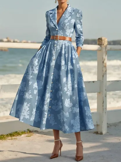 Midi Linen Dress , Half Sleeve, Shawl Collar, Floral, Button Design, Vintage, Blue - Blue