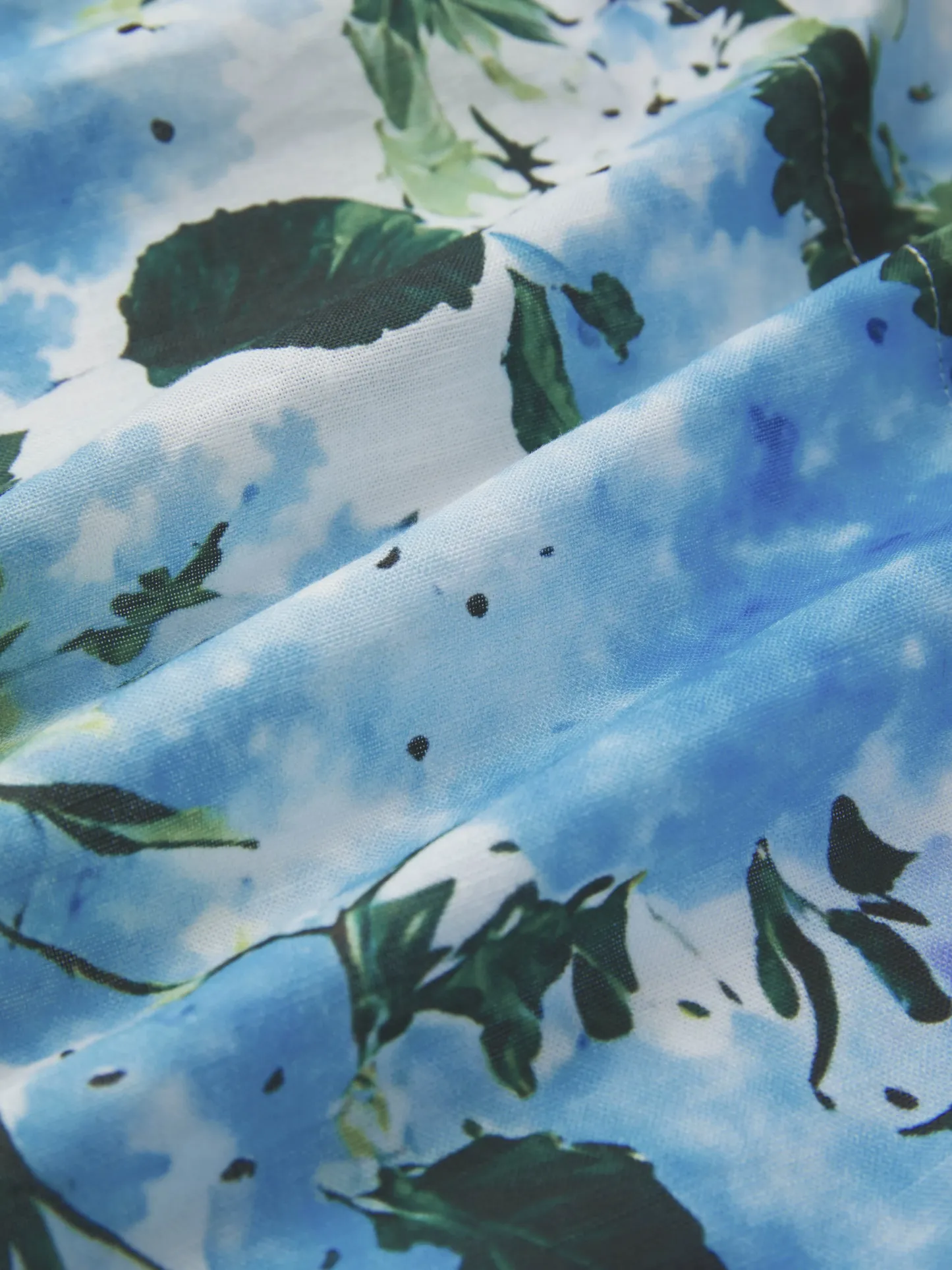 Maxi Cotton Dress, Short Sleeves, V Neck, Floral, Vintage, Blue - Blue