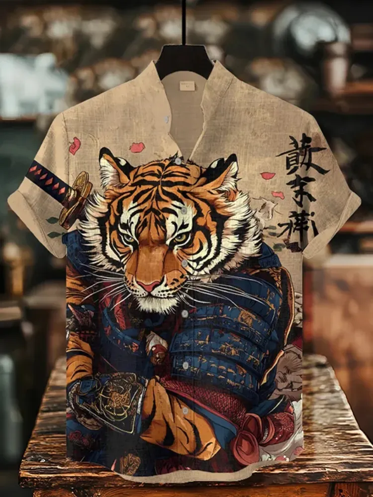 Men's Tiger Warrior Calligraphy Art Print Casual Shirt - Khaki
