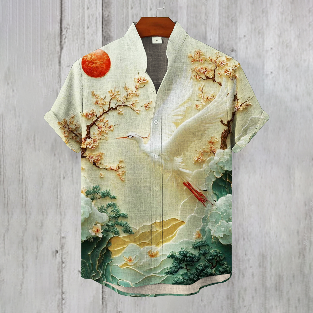 Japanese Art Crane Print Men's Linen Short Sleeve Shirt - Light Green