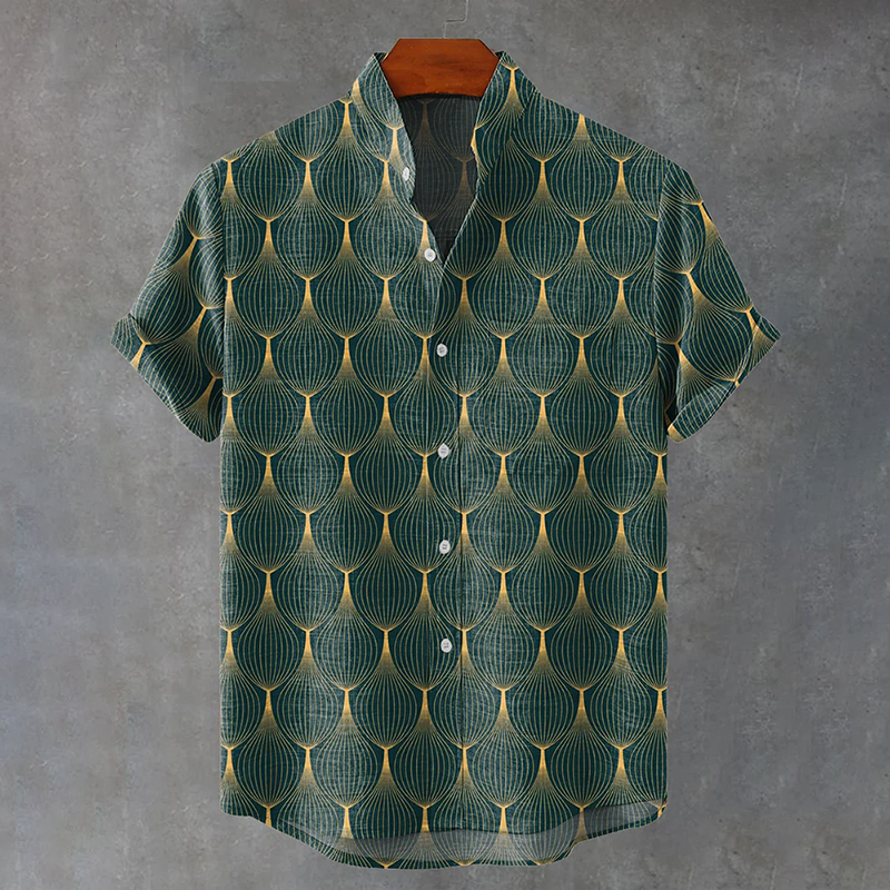 Men's Retro Geometric Line Decorative Pattern Art Print Cotton And Linen Shirt - Multicolor