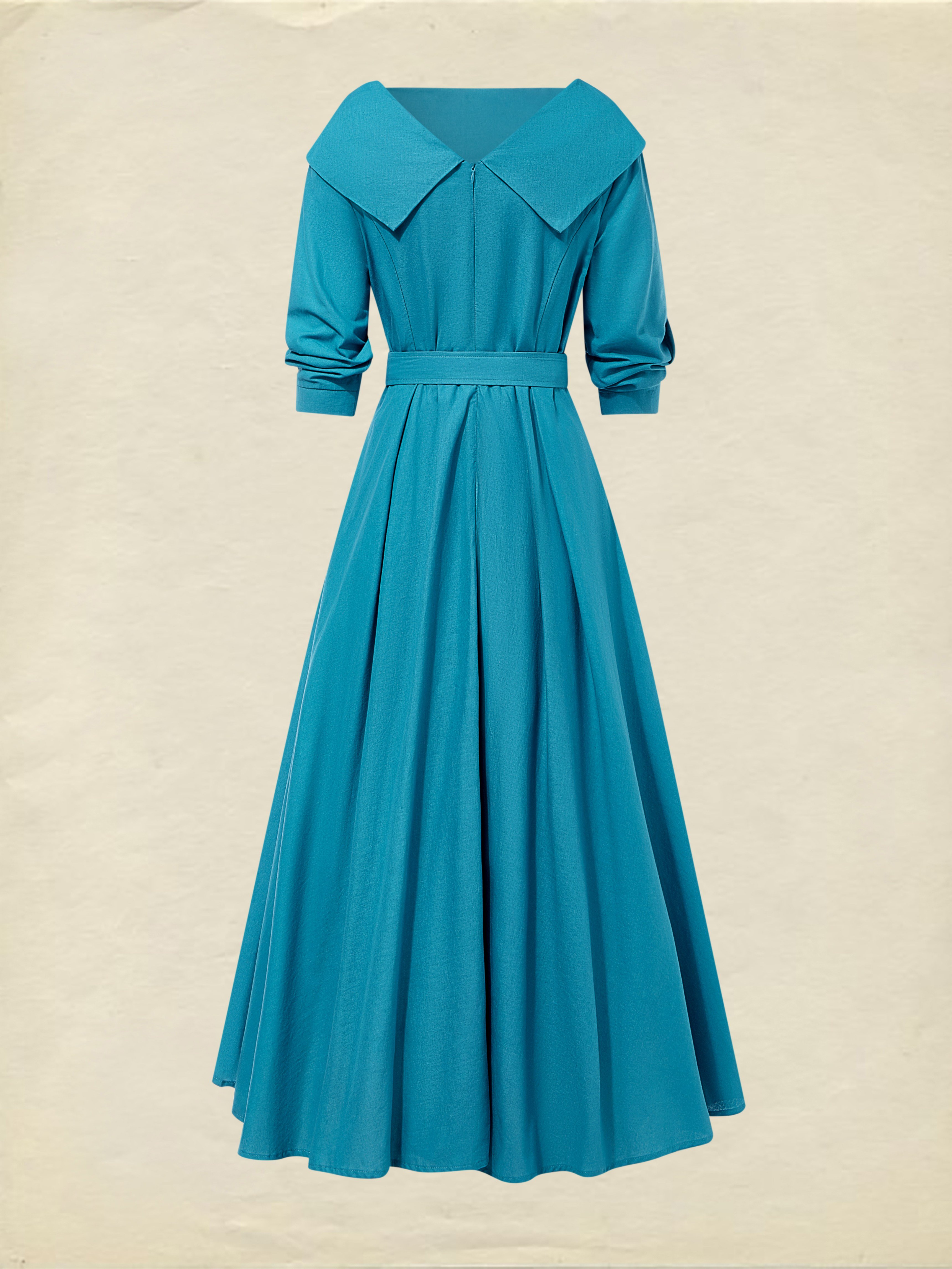 Midi Linen Dress , Half Sleeve, Shawl Collar, Plain, Belt Design, Vintage, Cyan - Cyan