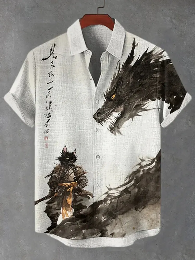 Men's Cat Warrior And Dragon Duel Ink Painting Art Print Short Sleeve Shirt - Light gray