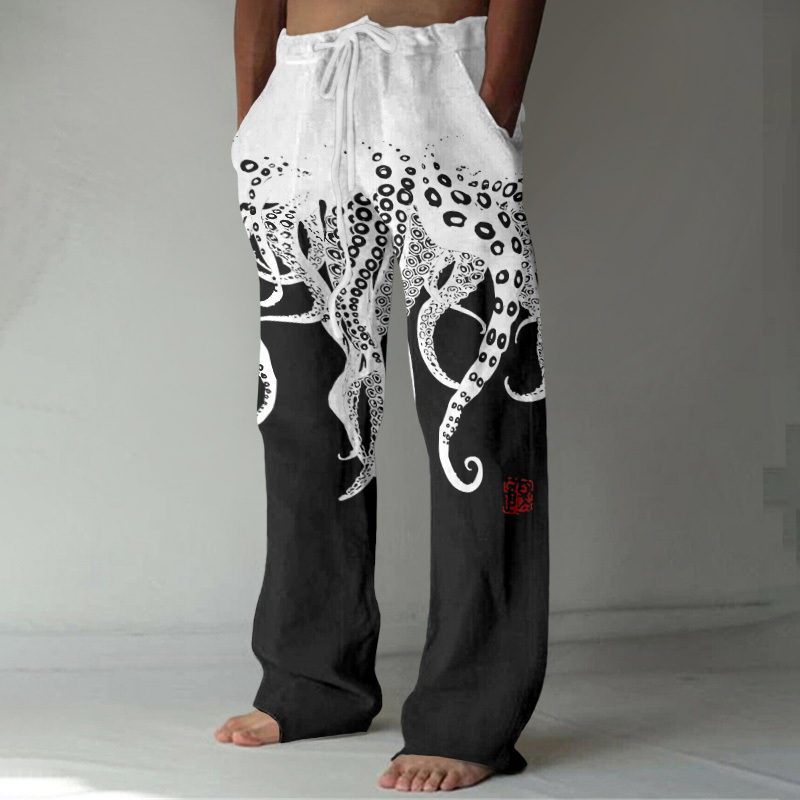 Vintage Japanese Art Octopus Legs Print Casual Linen Blend Pants - Black