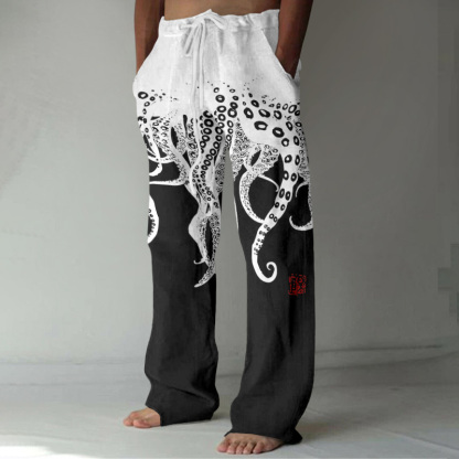 Vintage Japanese Art Octopus Legs Print Casual Linen Blend Pants - Black