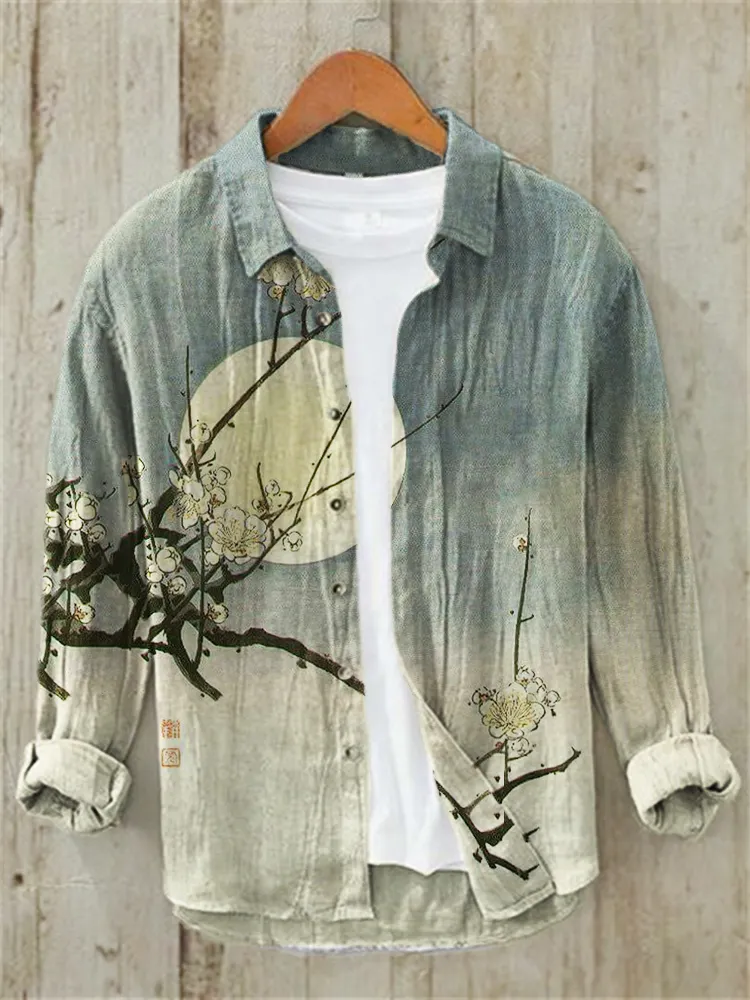 Plum Blossom Full Moon Night Gradient Japanese Art Linen Blend Shirt - Multicolor