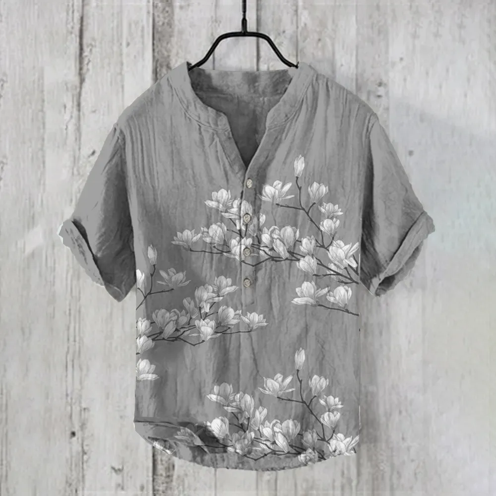 Vintage Japanese Magnolia Flower Casual Linen Blend Shirt - Blue