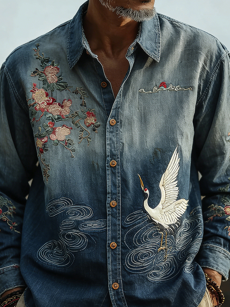 Men's Retro Japanese Cherry Blossom And Crane Art Linen Blend Shirt - Blue