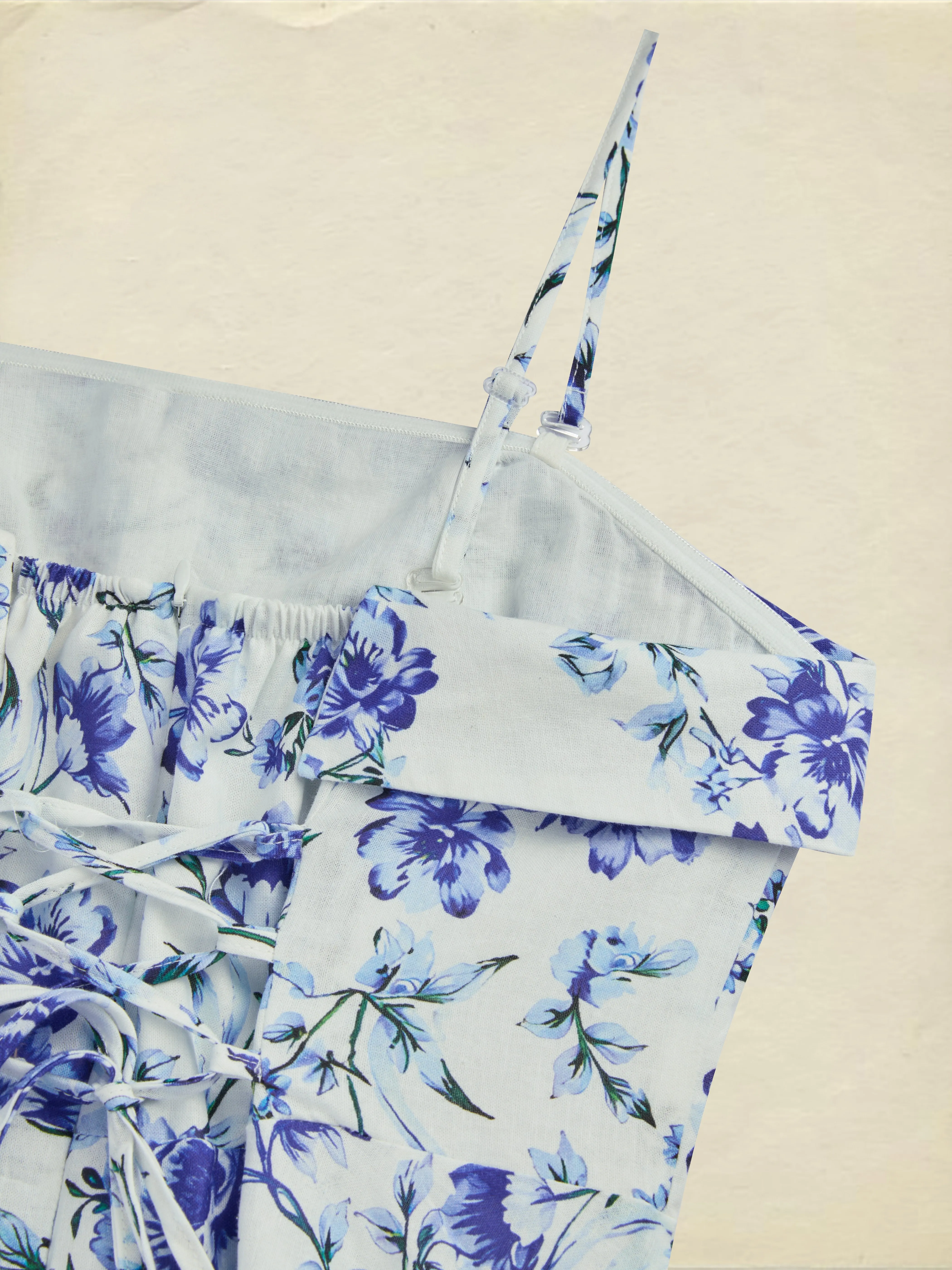 Maxi Cotton Dress, Sleeveless, Strapless, Floral, Vacation, Vintage, Blue - Blue